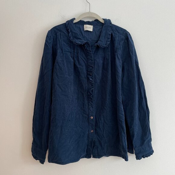 Wrap London Tops - WRAP London Blue Corduroy Top Long Sleeve Ruffle Circus Dainty Office Size 14